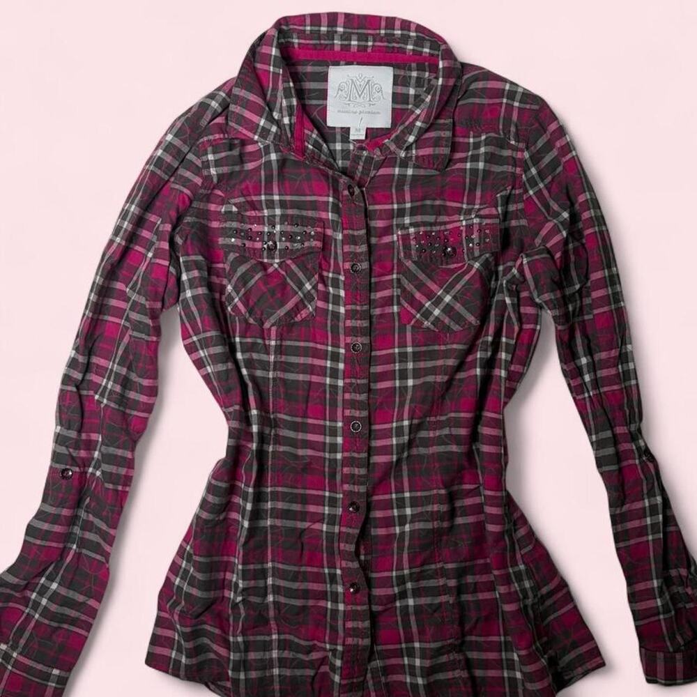 Y2K Pink, Gray & White Plaid Button Up Shirt - Size M